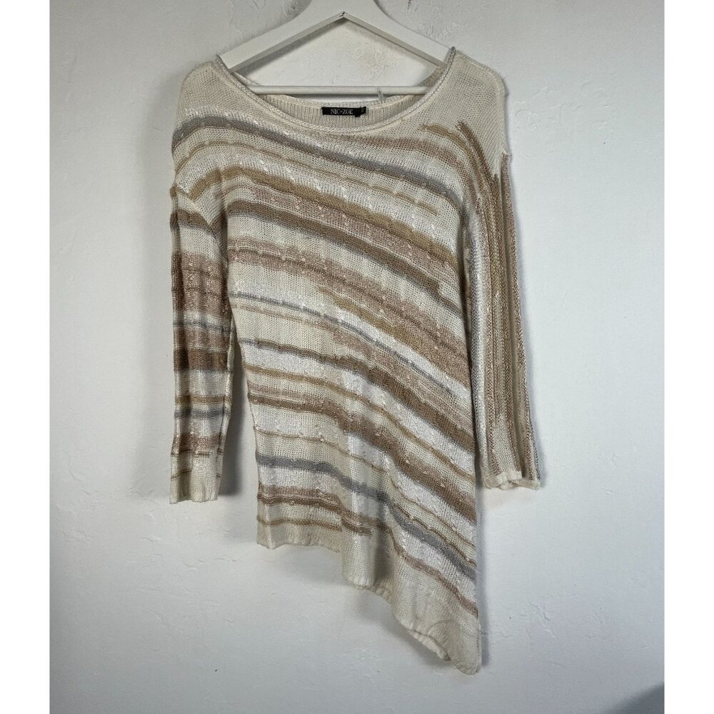Nic+Zoe Womens Asymmetrical Knit Sweater PM Beige & White Stripes Linen Blend